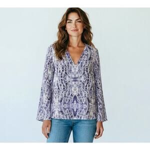 ALEXIS Purple Abstract Print Bell Sleeve Blouse Womens M Deep V Boho Top